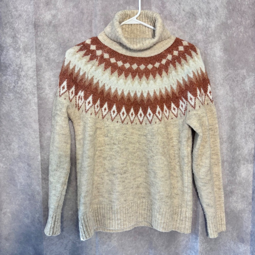 Aspen Fair Isle Turtleneck Sweater Women Small Wool Blend Beige Brown Ski Nordic